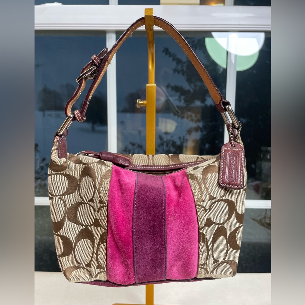 Coach Vintage Mini Hobo Bag in Signature Jacquard Canvas & Pink and Berry Suede - Picture 8 of 17